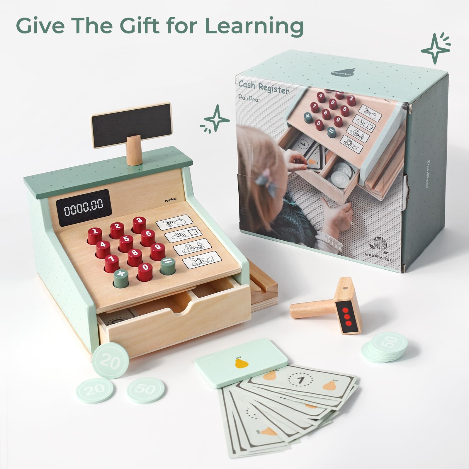 PairPear wooden cash register packaging highlighting safe materials