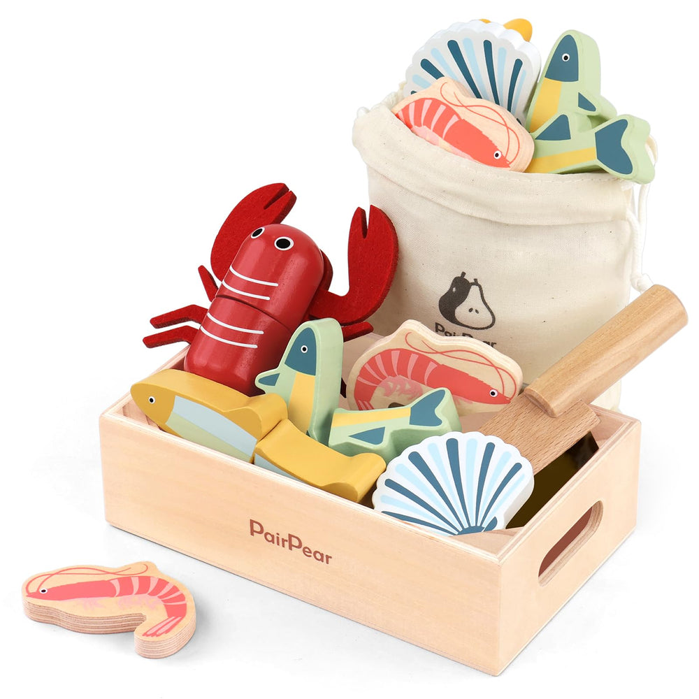 PairPear lobster piece in wooden seafood set for realistic pretend cutting