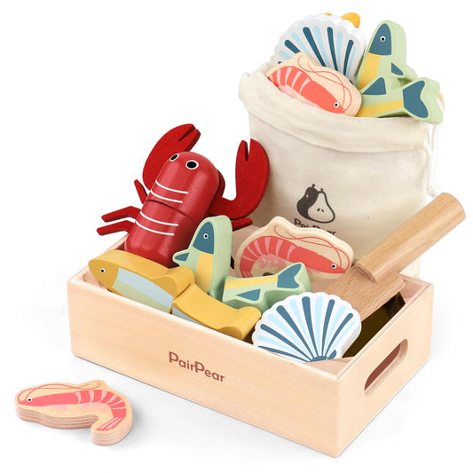 PairPear lobster piece in wooden seafood set for realistic pretend cutting