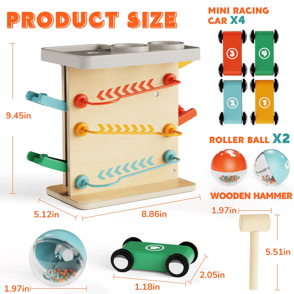 Paisure Squeaky Hammer adds sensory feedback as balls descend through stacked ramps.