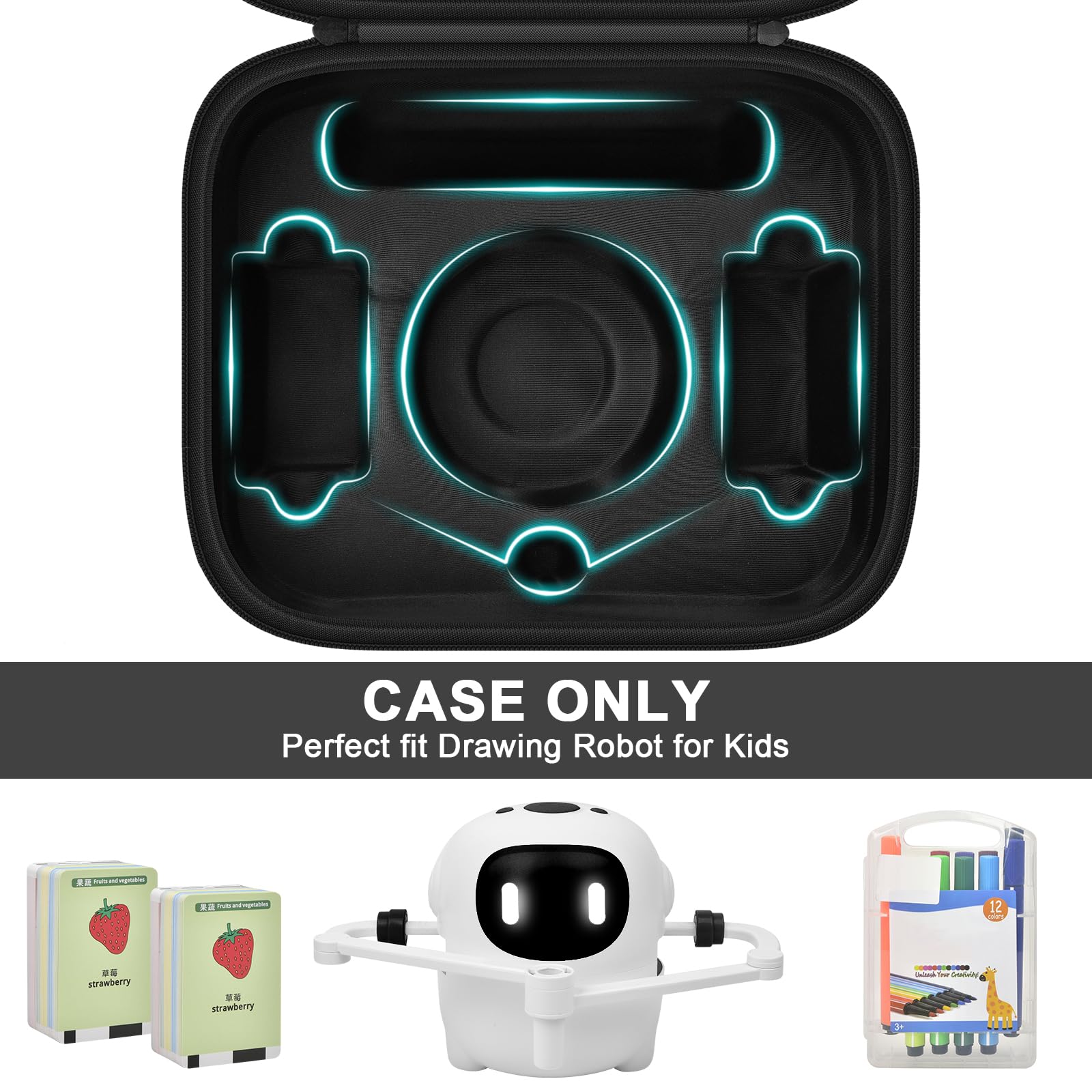 PAIYULE drawing robot carrying case opened to reveal organized interior with cards and cables