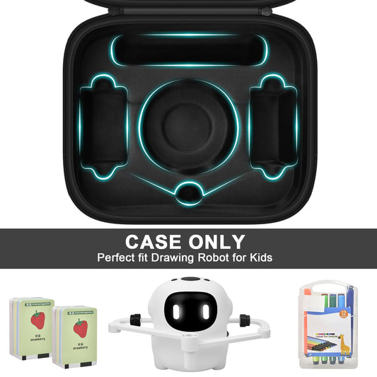 PAIYULE drawing robot carrying case opened to reveal organized interior with cards and cables