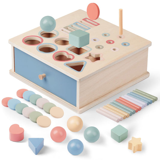 Pajojoqa color sorting box with drawer promotes color matching and fine motor skills.