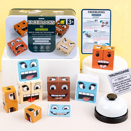 Pajojoqa Face Blocks cube front view, colorful blocks boost focus and fine motor skills.