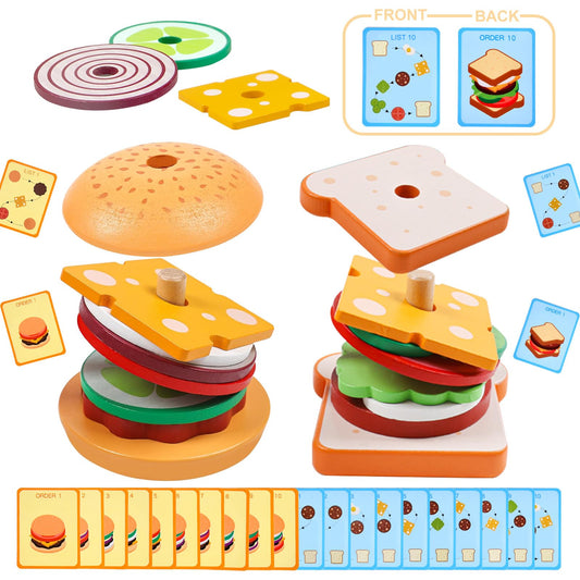 Pajojoqa burger stack toy supports tiny hands learning and fine motor skills.