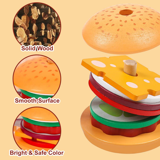 Pajojoqa wooden burger ingredients close-up for realistic pretend play.