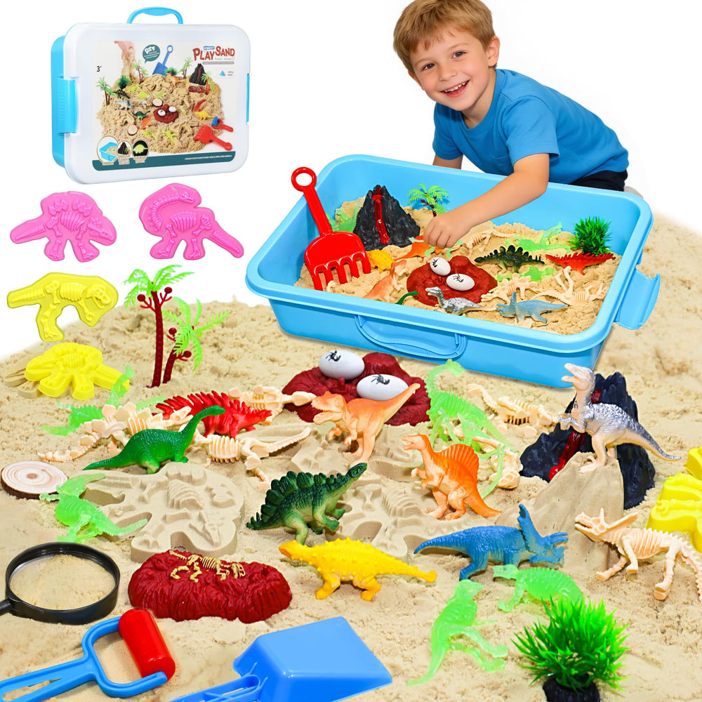 Pakimio dinosaur sensory-bin lid scene promotes imaginative play and tidy storage.