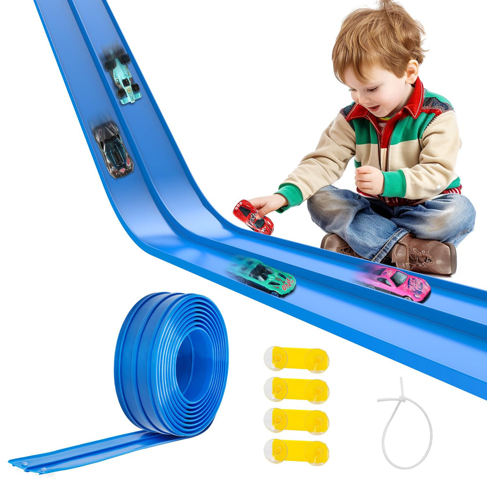 Pakoo flex-track 15ft setup shows quick unroll-and-stick action for immediate play.