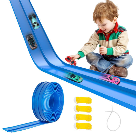Pakoo flex-track 15ft setup shows quick unroll-and-stick action for immediate play.