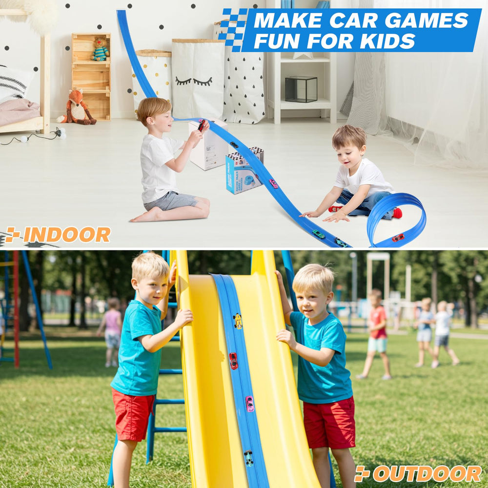 Pakoo flex-track dual-lane racing offers thrilling head-to-head action on loops and ramps.