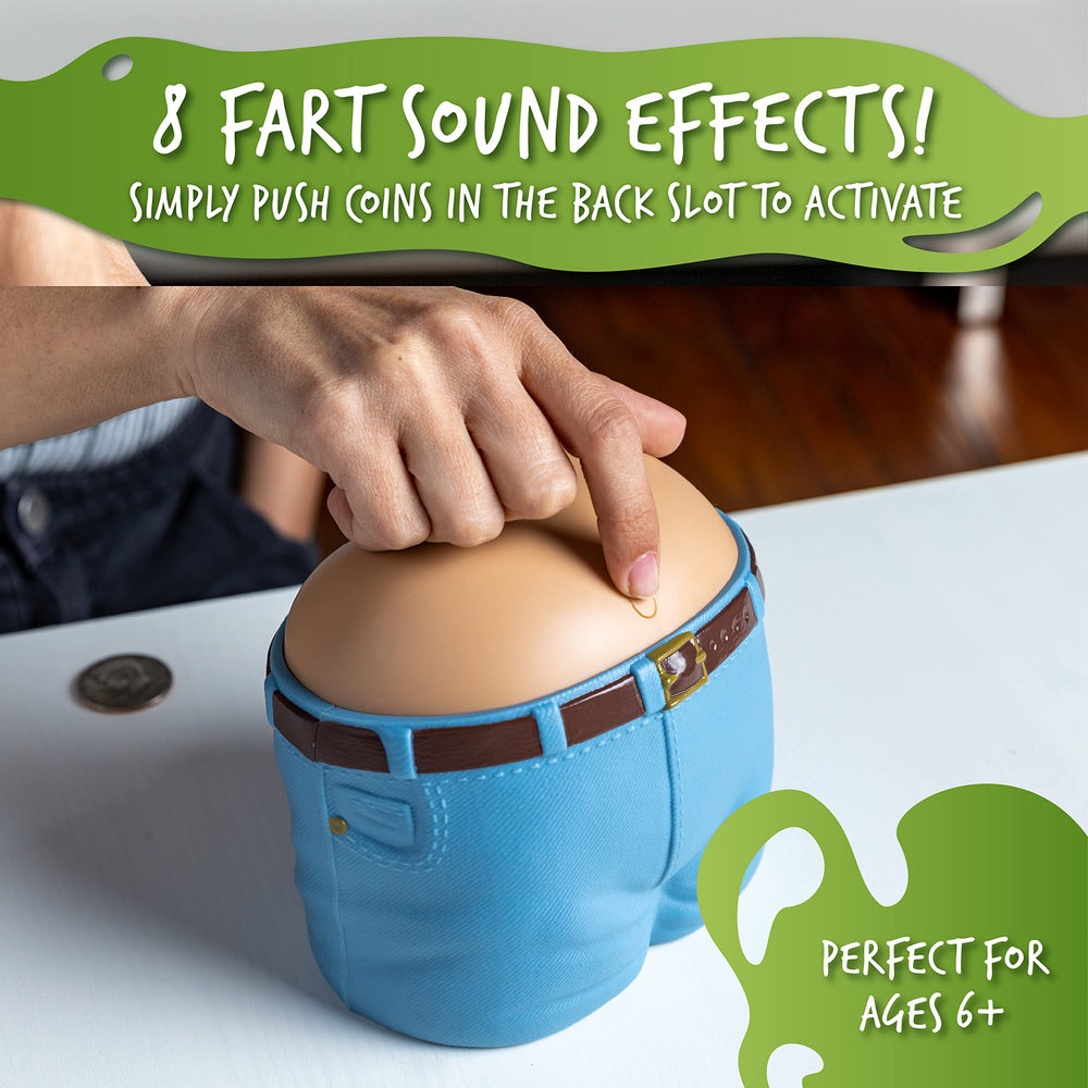 Paladone farting money bank coin drop reveals humorous sound effects.