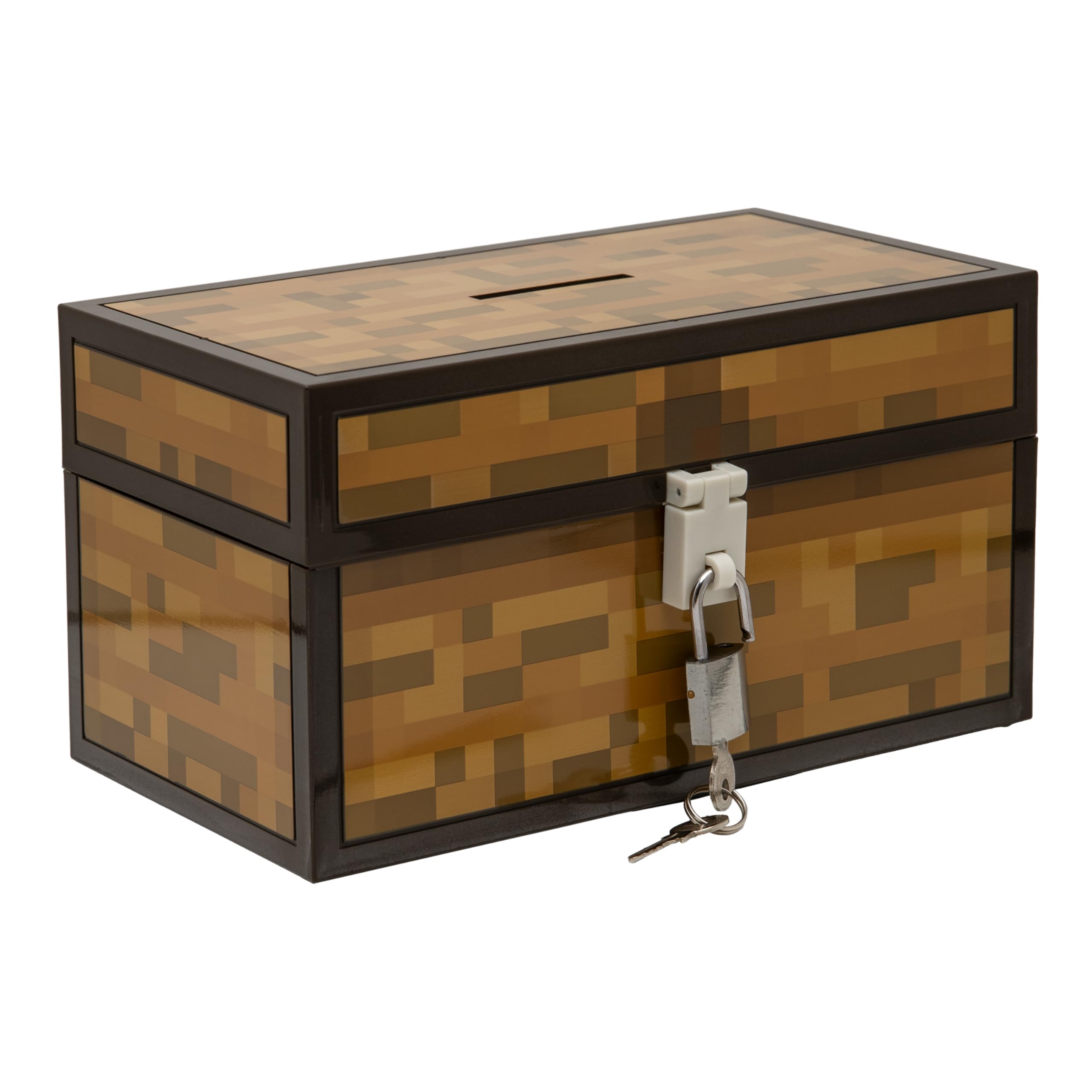 Paladone Minecraft Chest Money Box close-up padlock helps secure savings for kids