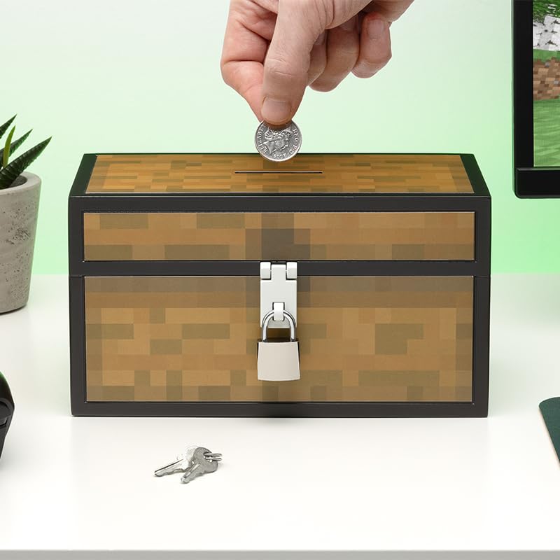 Paladone Minecraft Chest Money Box on shelf adds themed decor to a room
