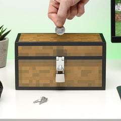 Paladone Minecraft Chest Money Box on shelf adds themed decor to a room