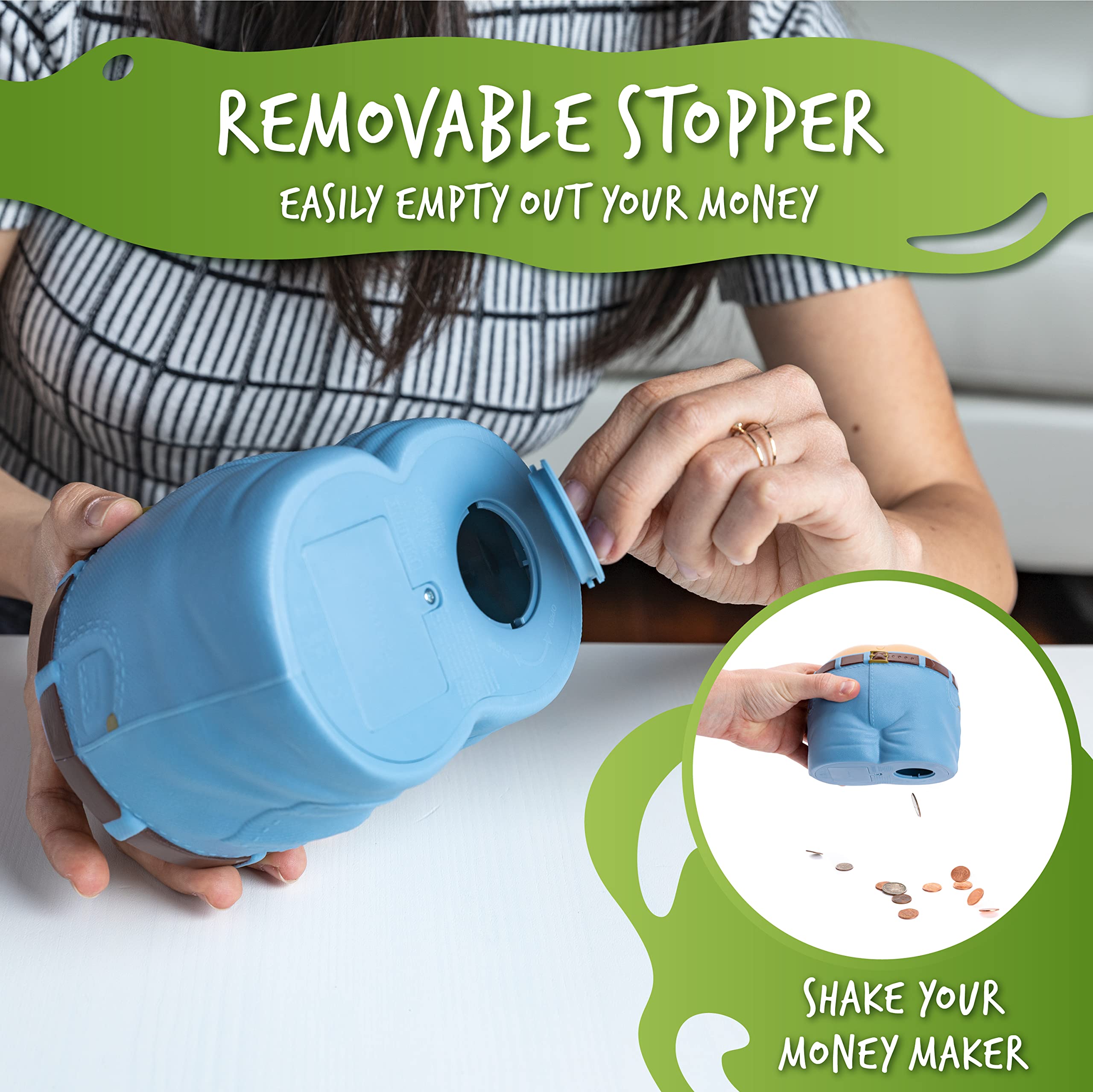 Bottom stopper allows easy coin removal from Paladone bank.