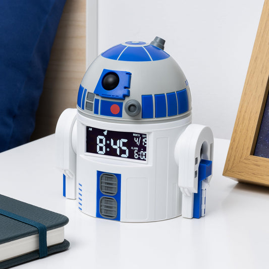 Paladone R2D2 Alarm Clock USB powered on bedside with cable visible