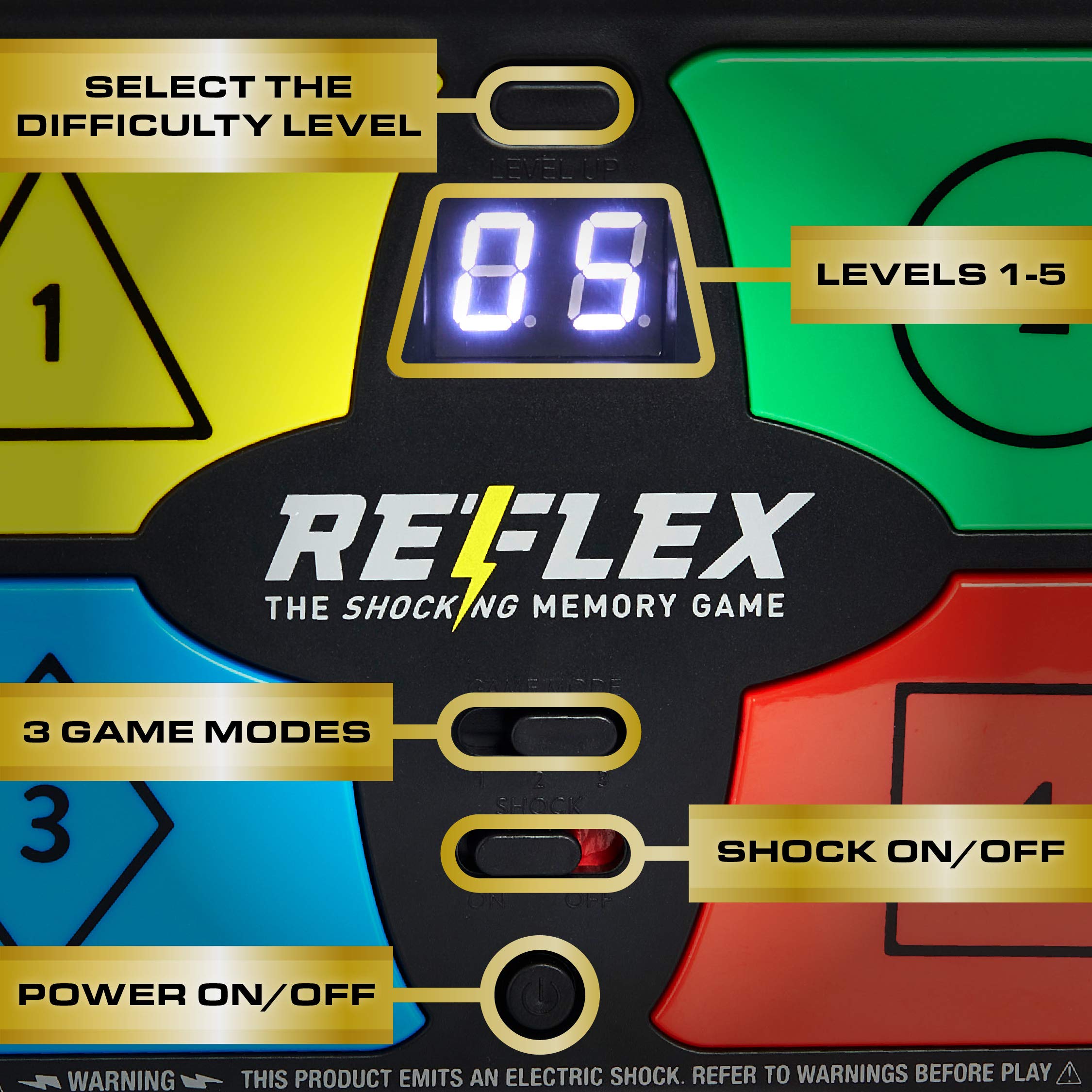 Paladone Reflex Shocking Memory Game levels display shows three escalating challenges