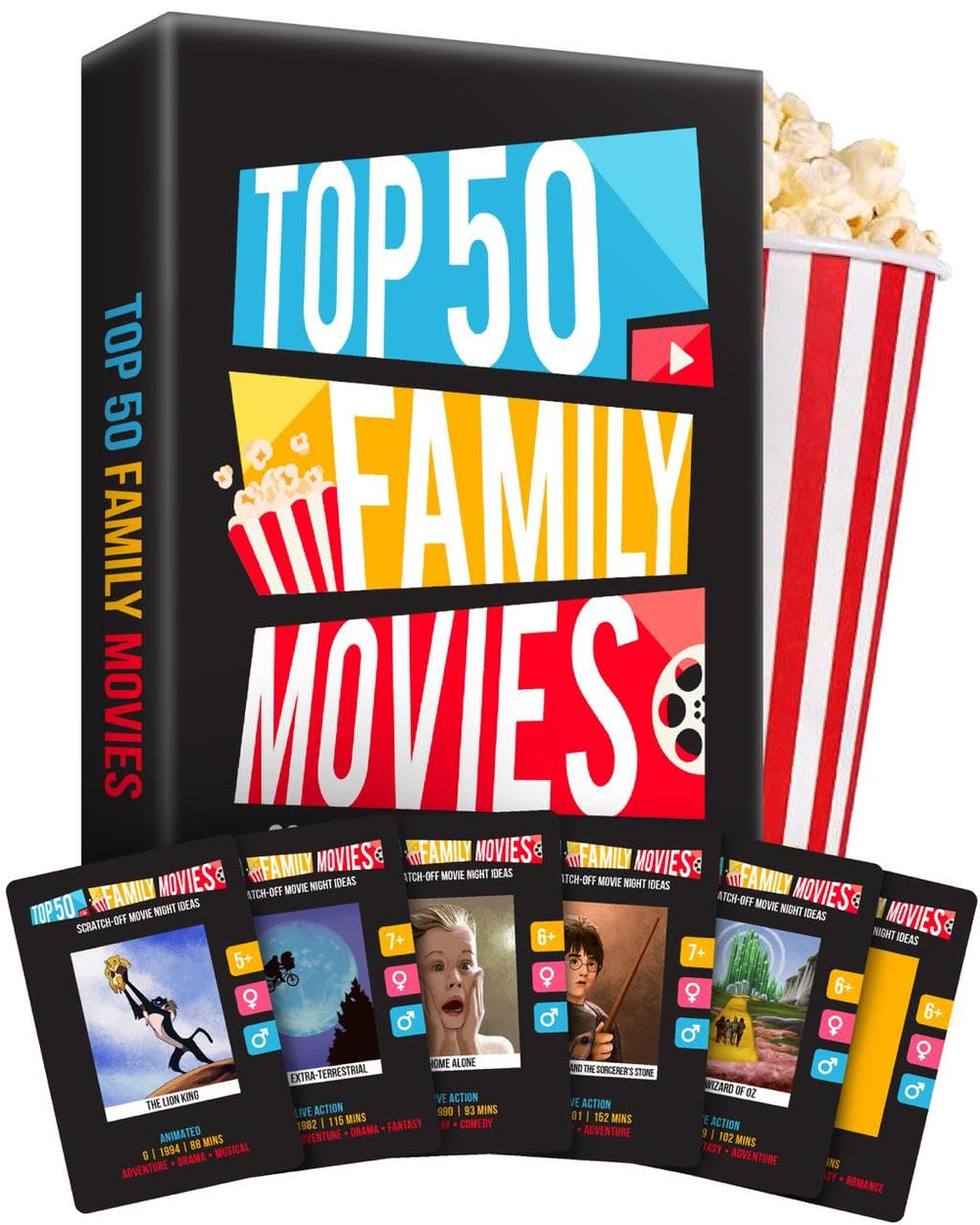 Palettes and Prints family night scratch-off deck cover with inviting movie-themed art for cozy evenings.