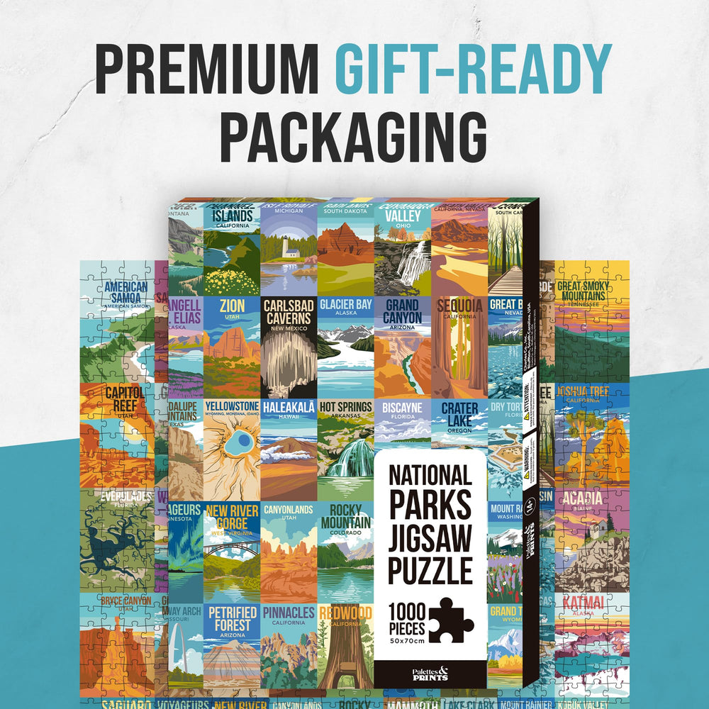Palettes and Prints National Parks Puzzle forest-meadow illustration ideal for family puzzle nights.