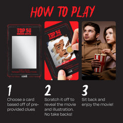 Scratch-off reveal cards featuring hand-drawn iconic scenes for suspenseful viewing