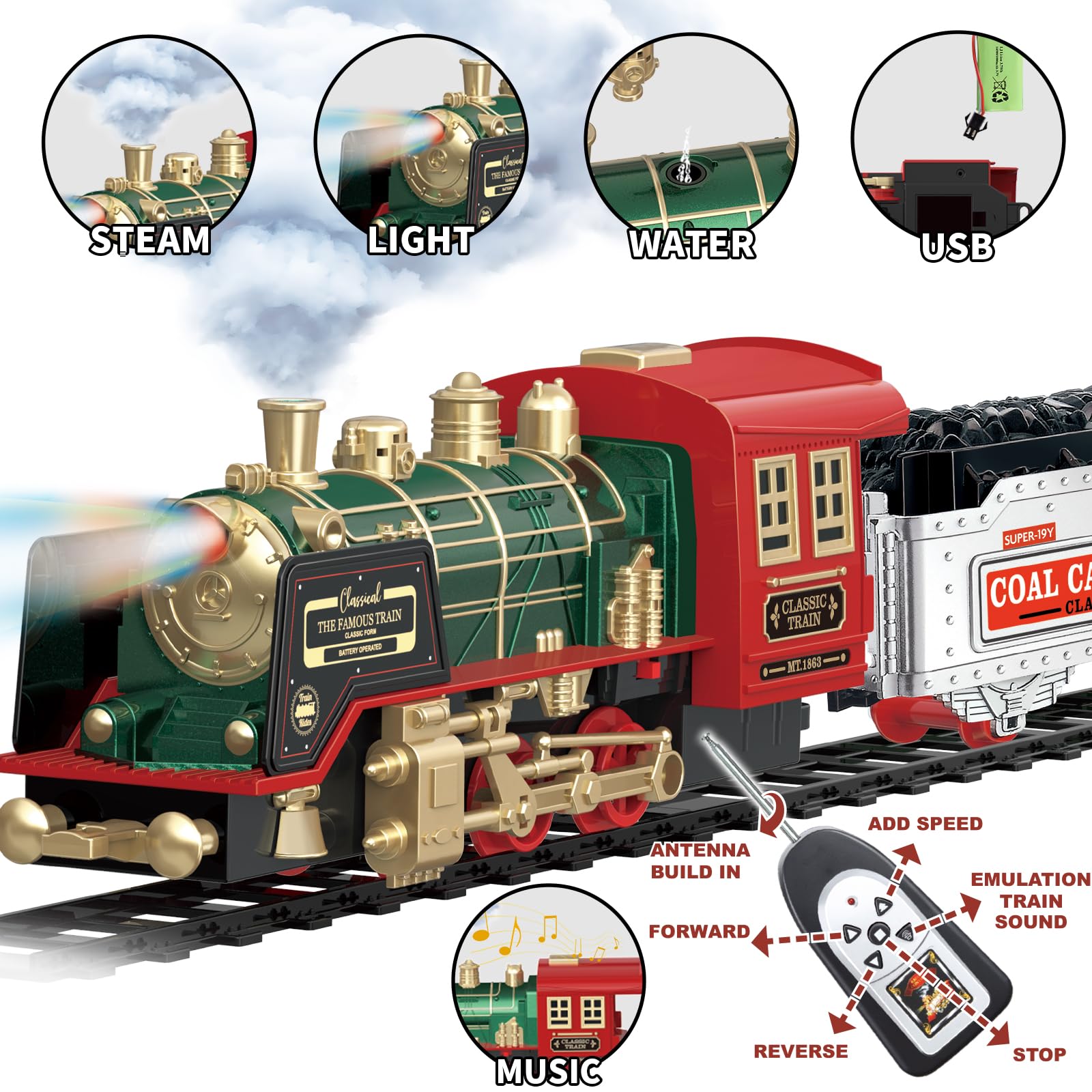 PaLeyFer Christmas tree train showcases vibrant headlights for festive night-time play.