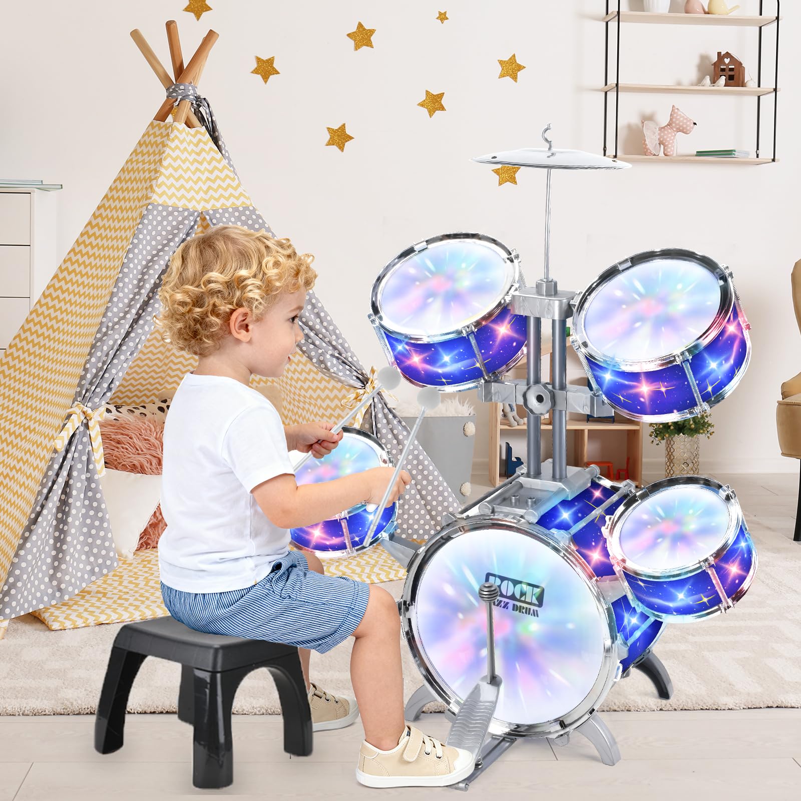 PaleyFer kids drum kit includes foot pedal for dynamic play