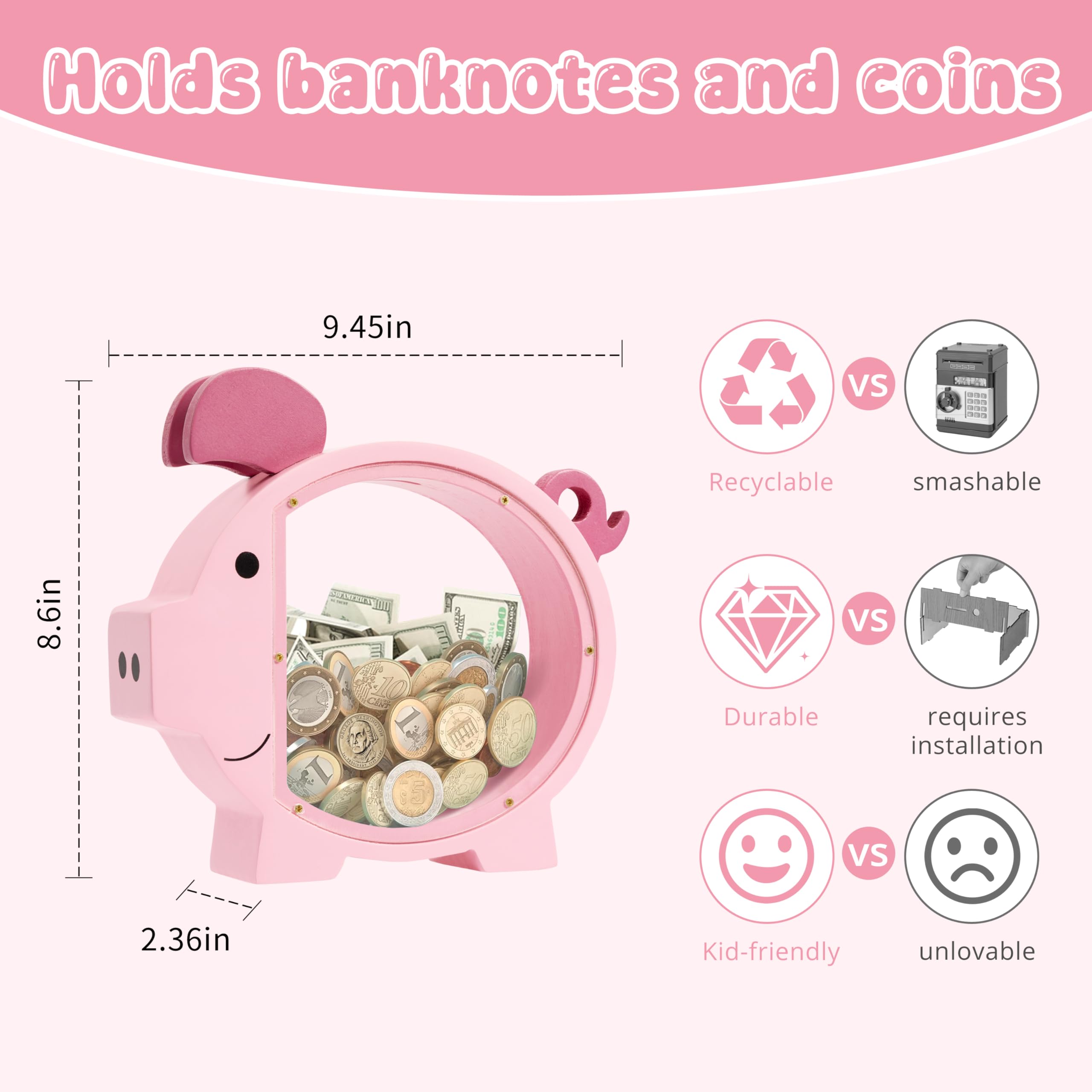 Front view of Pamctry Piggy Bank showing a sturdy, kid-friendly build.