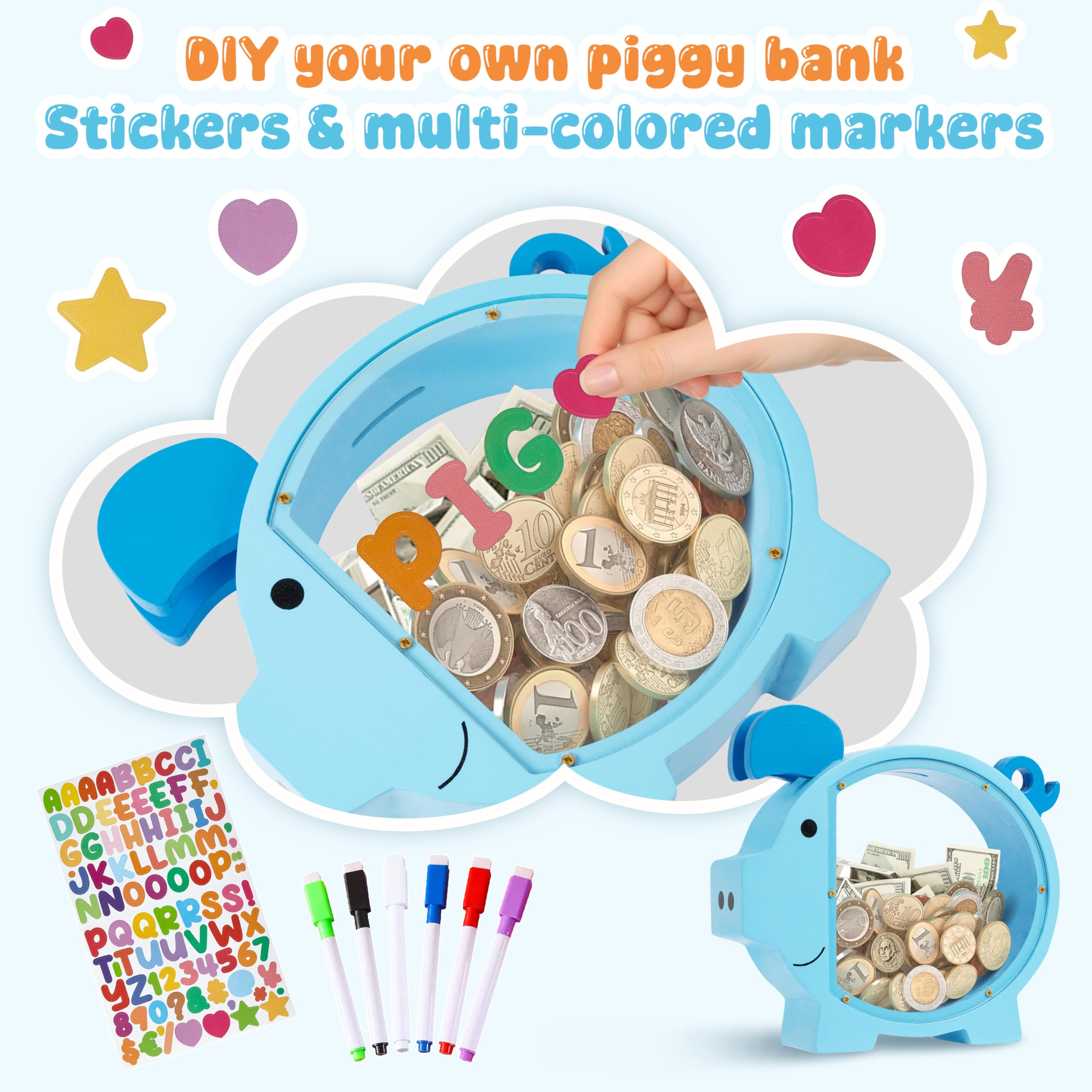 Transparent panel on Pamctry Piggy Bank shows savings growing inside.
