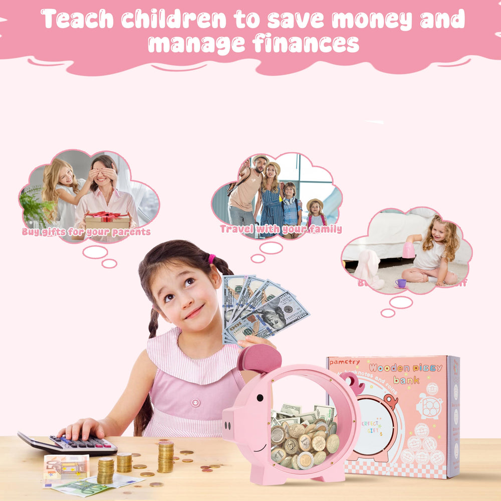 Side view of Pamctry Piggy Bank highlighting compact size for desks or shelves.