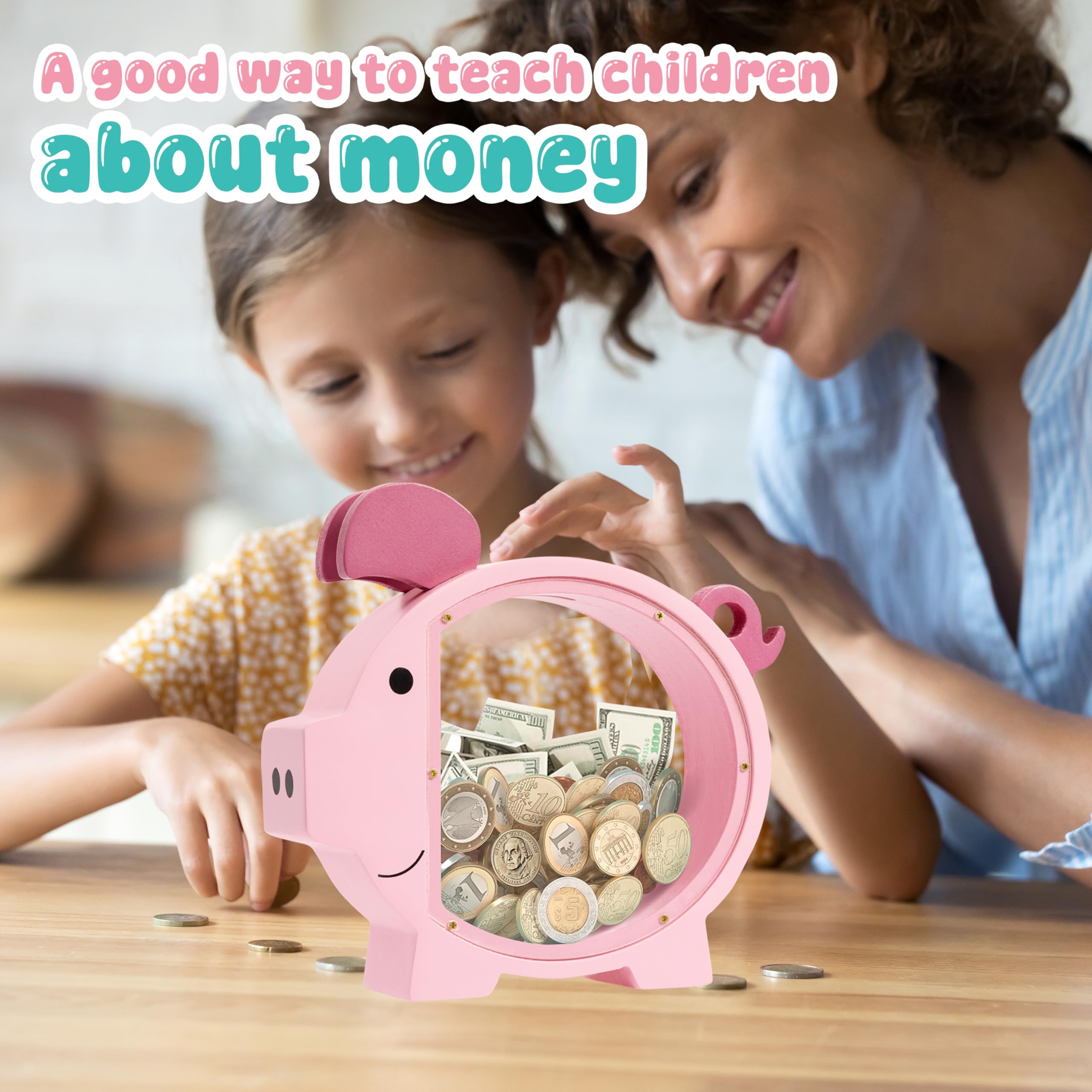 Transparent acrylic panel lets kids watch their savings grow with Pamctry Bank.