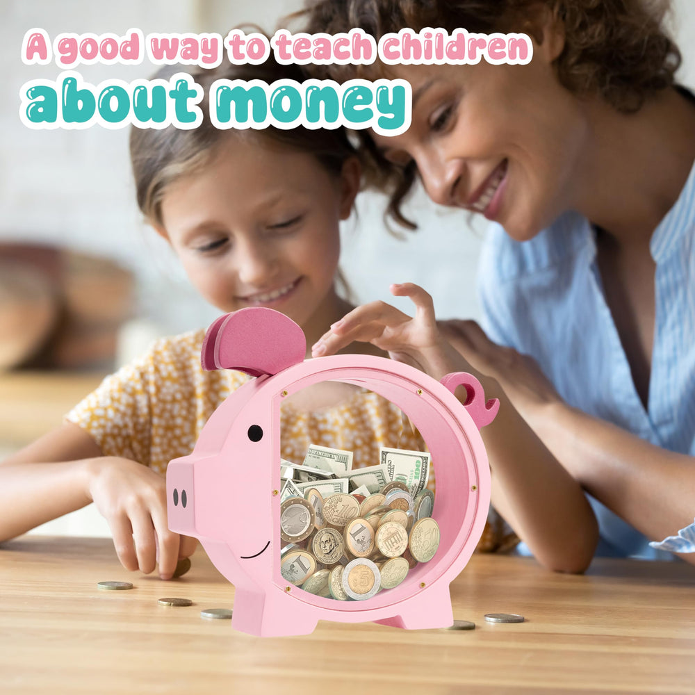 Transparent acrylic panel lets kids watch their savings grow with Pamctry Bank.