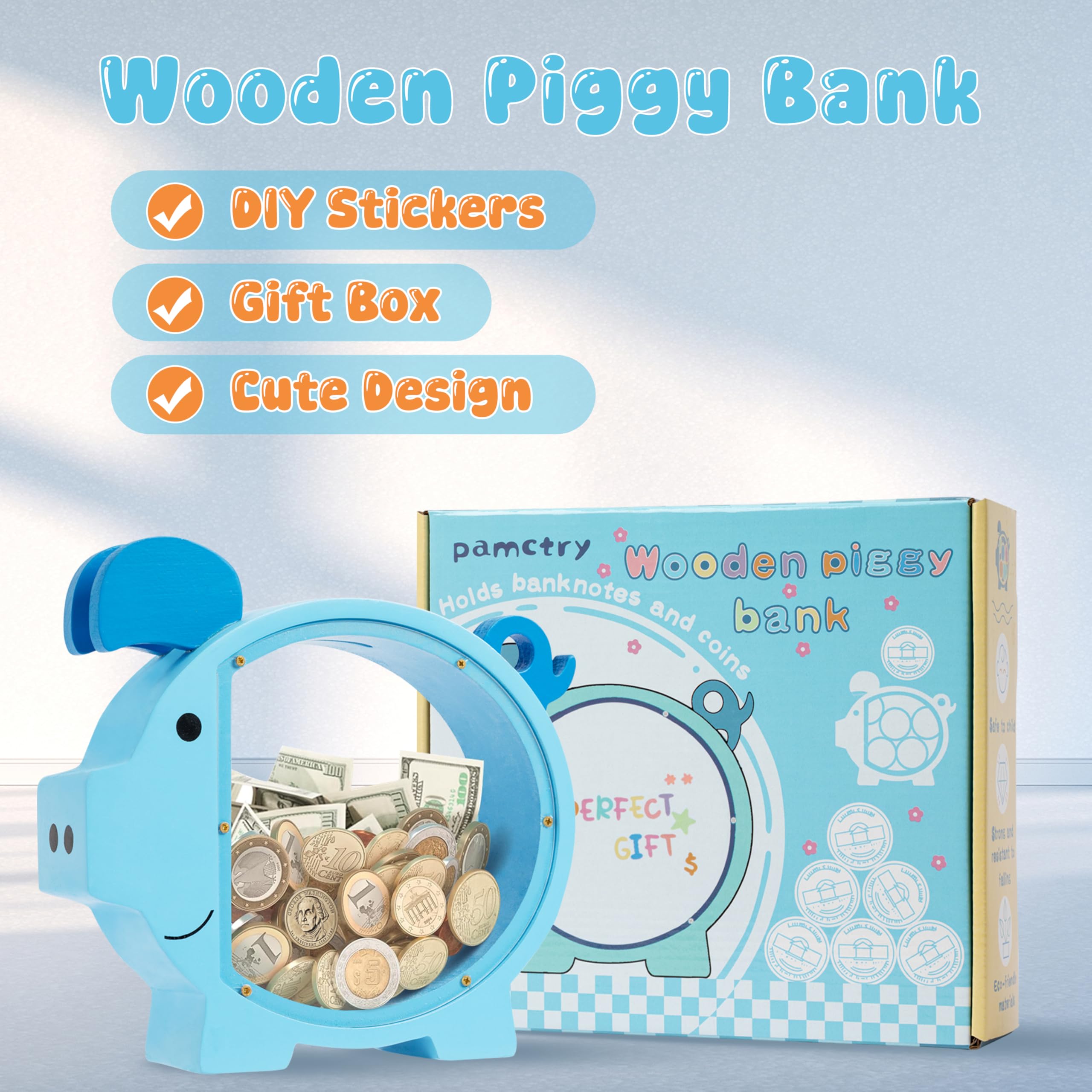 Durable wooden Pamctry Piggy Bank with safe finishes for long-lasting use.