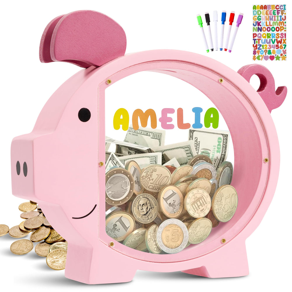 Pamctry Piggy Bank with wooden pig design invites imaginative play and saving.