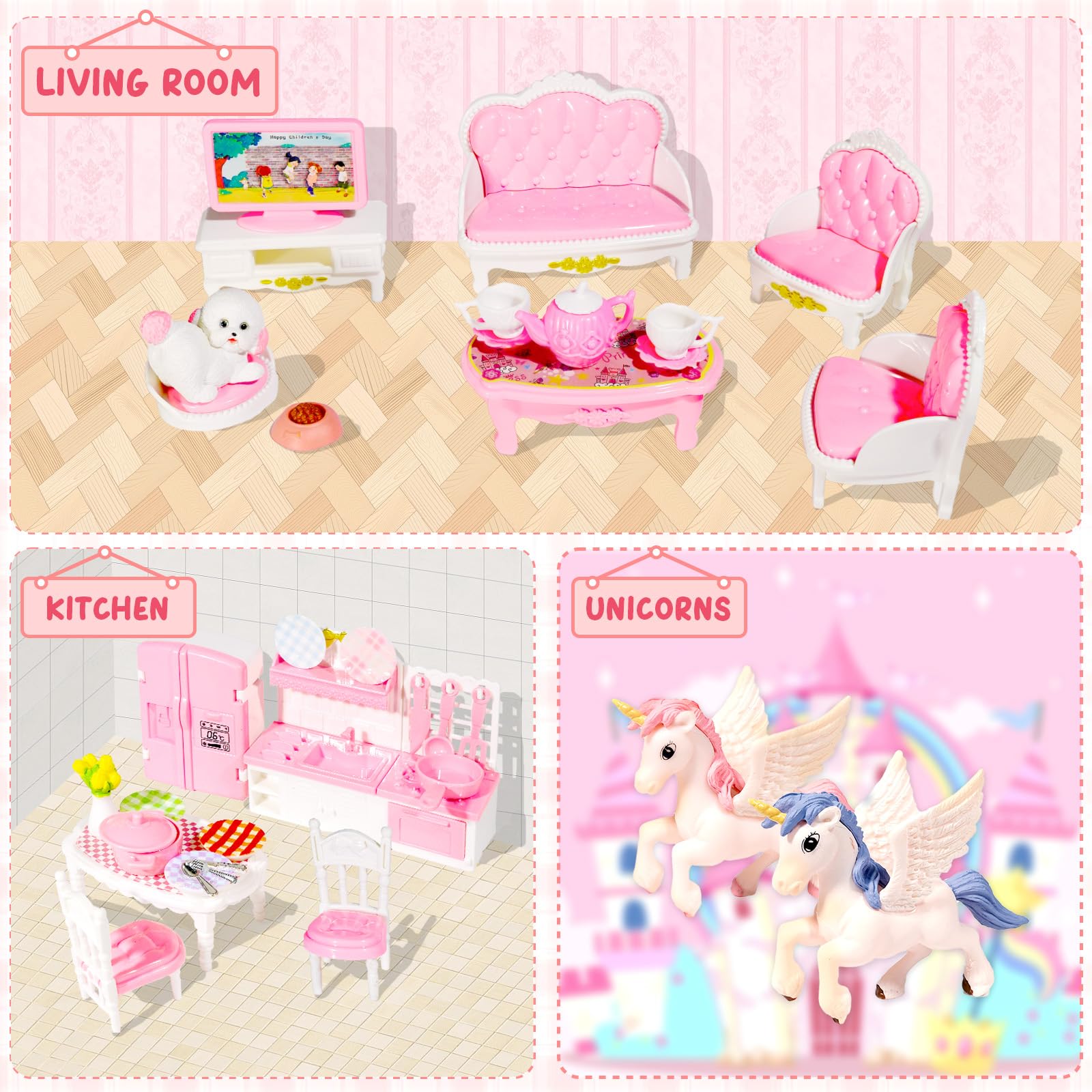 Pamonrueer 92pcs pink mini furniture set boosts creative decorating and storytelling.