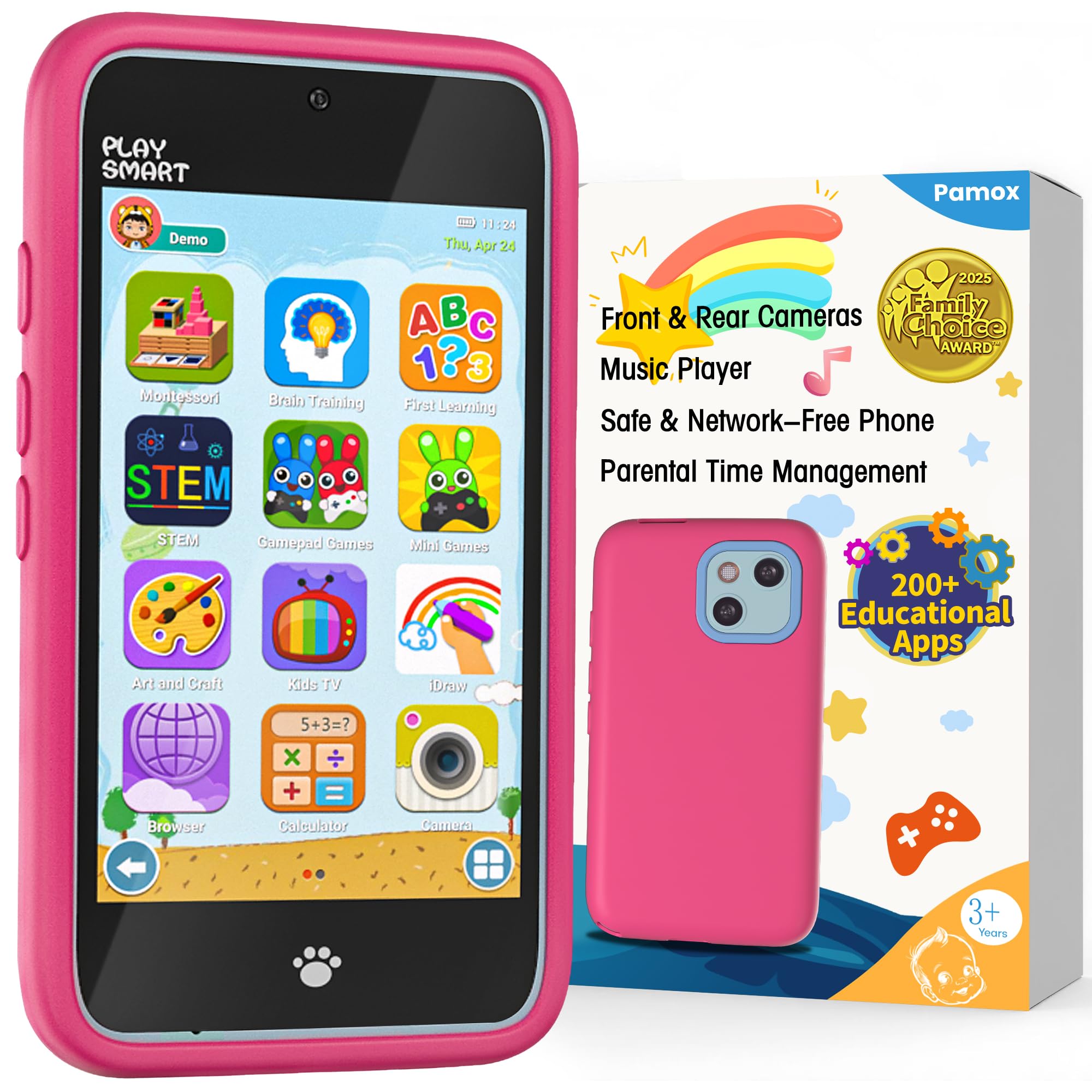 PAMOX Kids Toy Phone with dual cameras enabling creative photos.