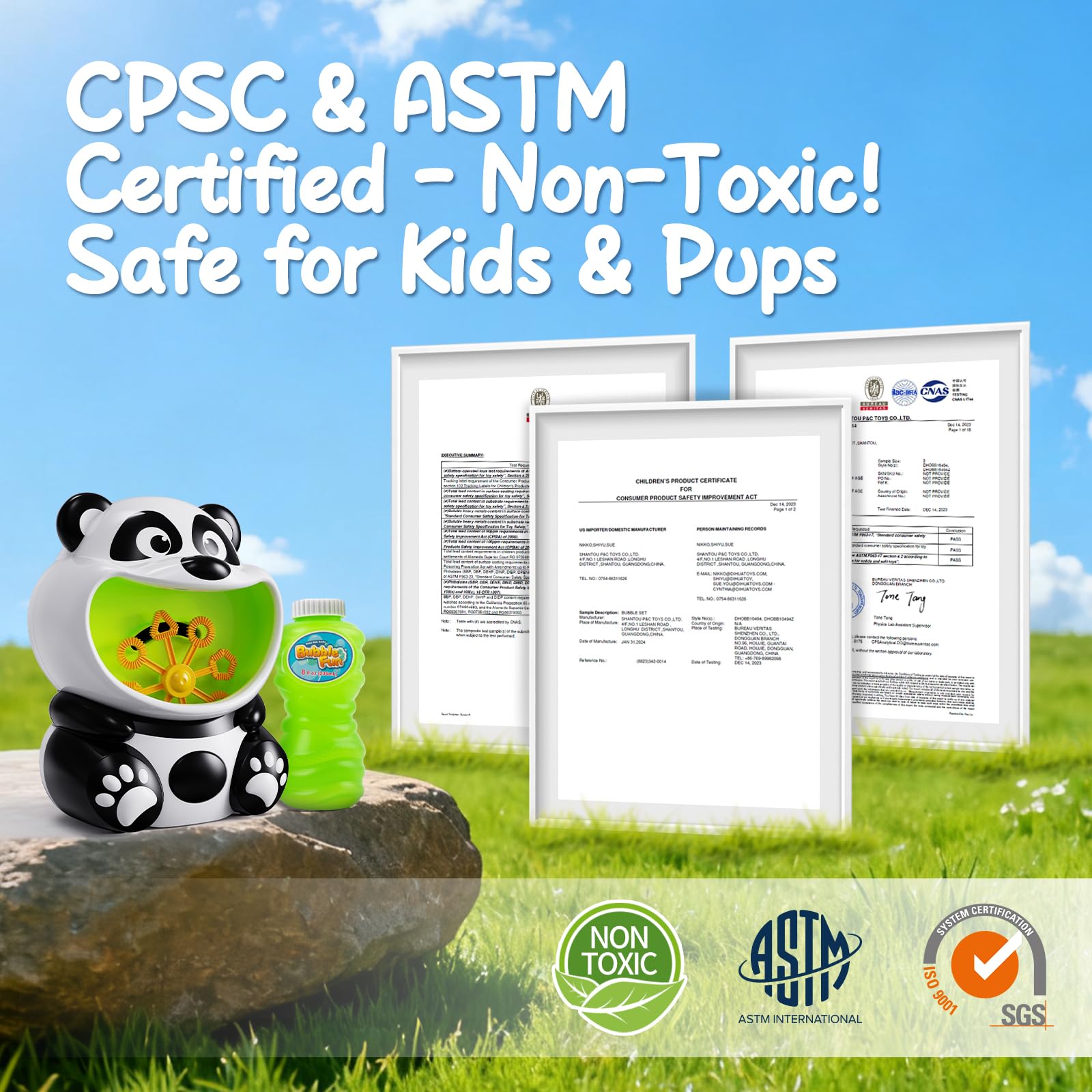 Panda Bubble Machine includes 8oz ready-to-use solution for quick setup.