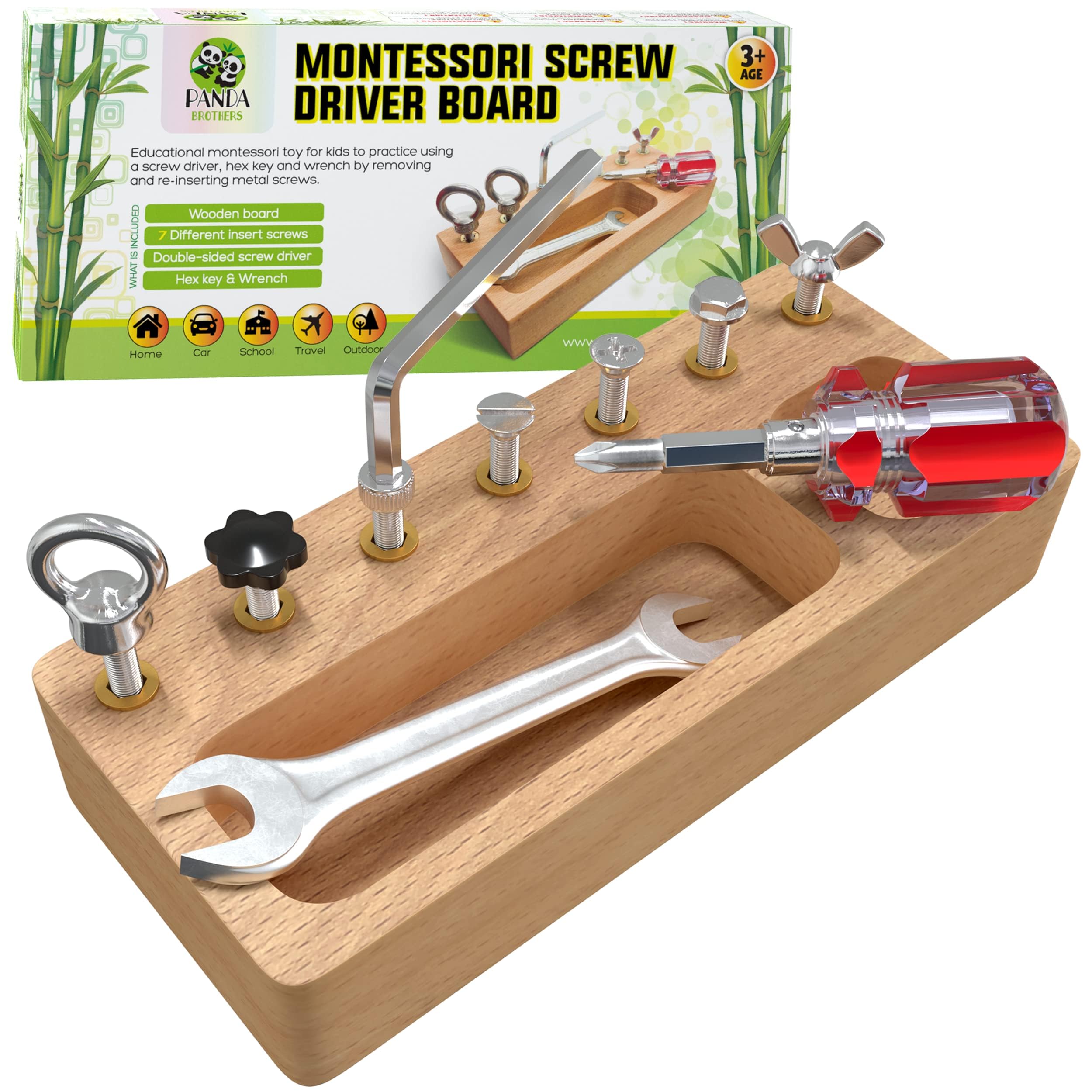 Panda Brothers Montessori screwdriver board closeup showing safe wooden design for tactile learning