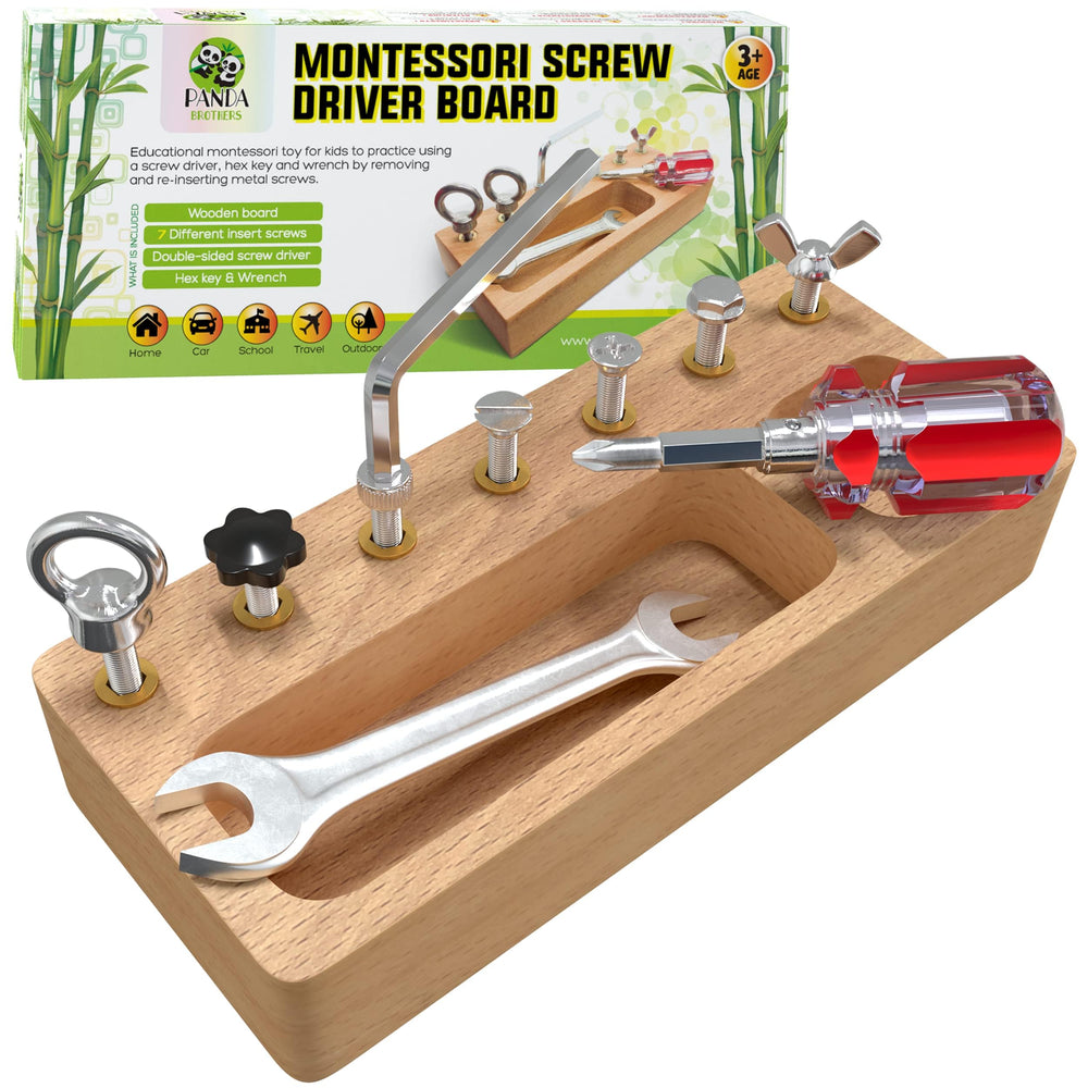 Panda Brothers Montessori screwdriver board closeup showing safe wooden design for tactile learning