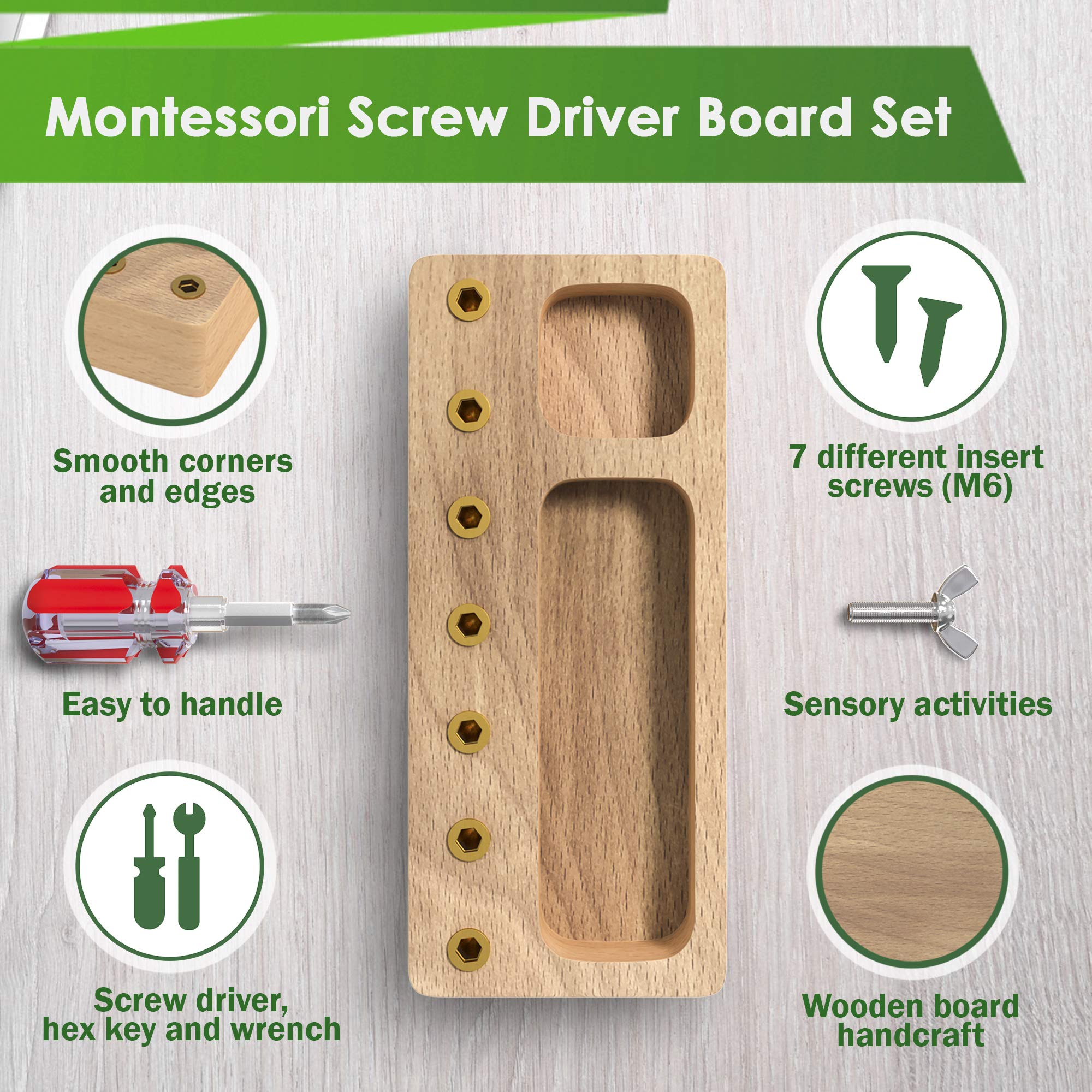 Seven-screw insert set demonstrating fine motor challenge and sensory feedback