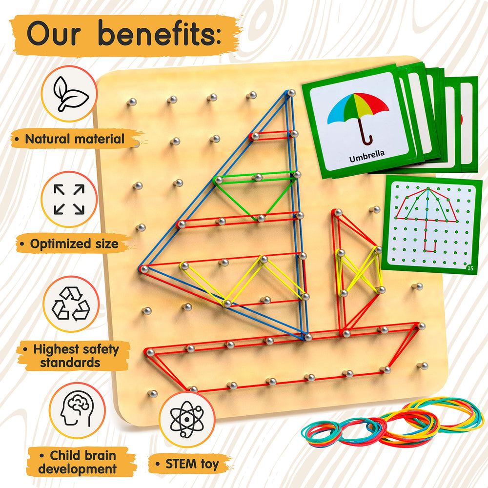 Panda Brothers wooden geoboard with 30 pattern cards to spark guided exploration.