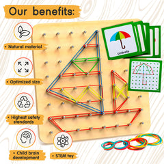 Panda Brothers wooden geoboard with 30 pattern cards to spark guided exploration.