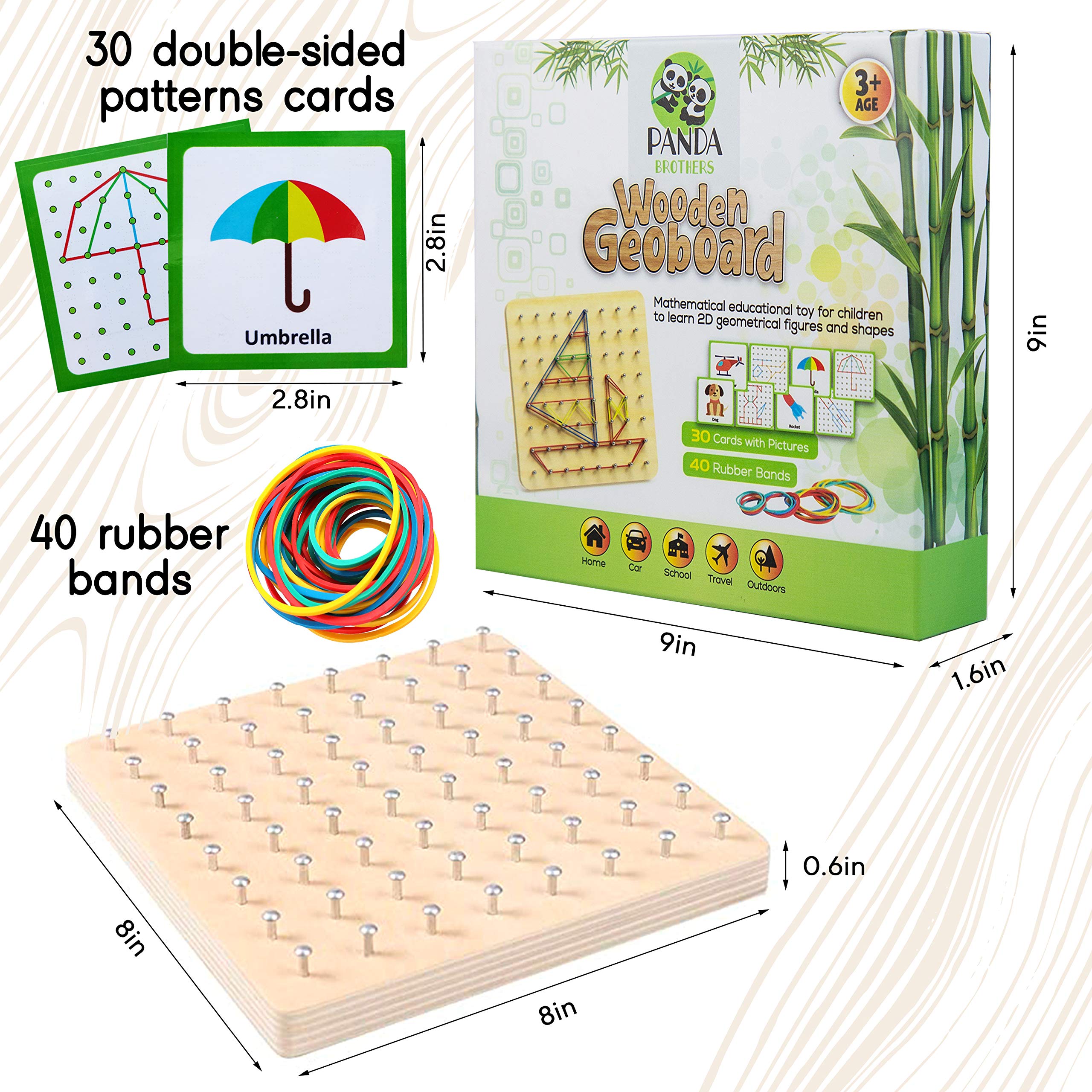 Panda Brothers geoboard includes 40 rubber bands for versatile figure creation.