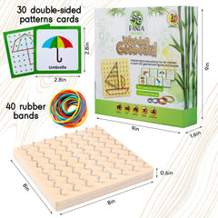 Panda Brothers geoboard includes 40 rubber bands for versatile figure creation.