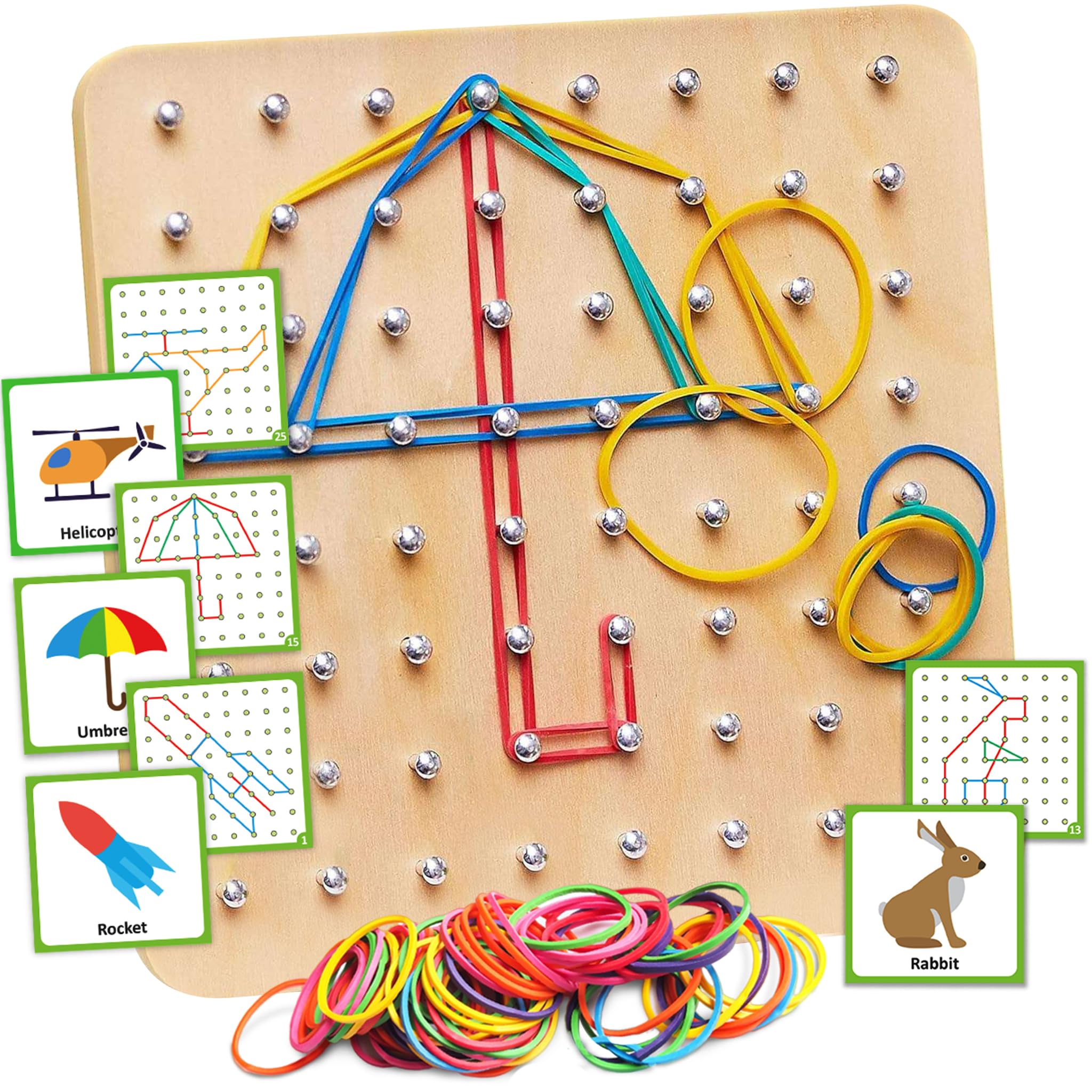Panda Brothers wooden geoboard shows 64 nails for creative geometry play and fine motor practice.
