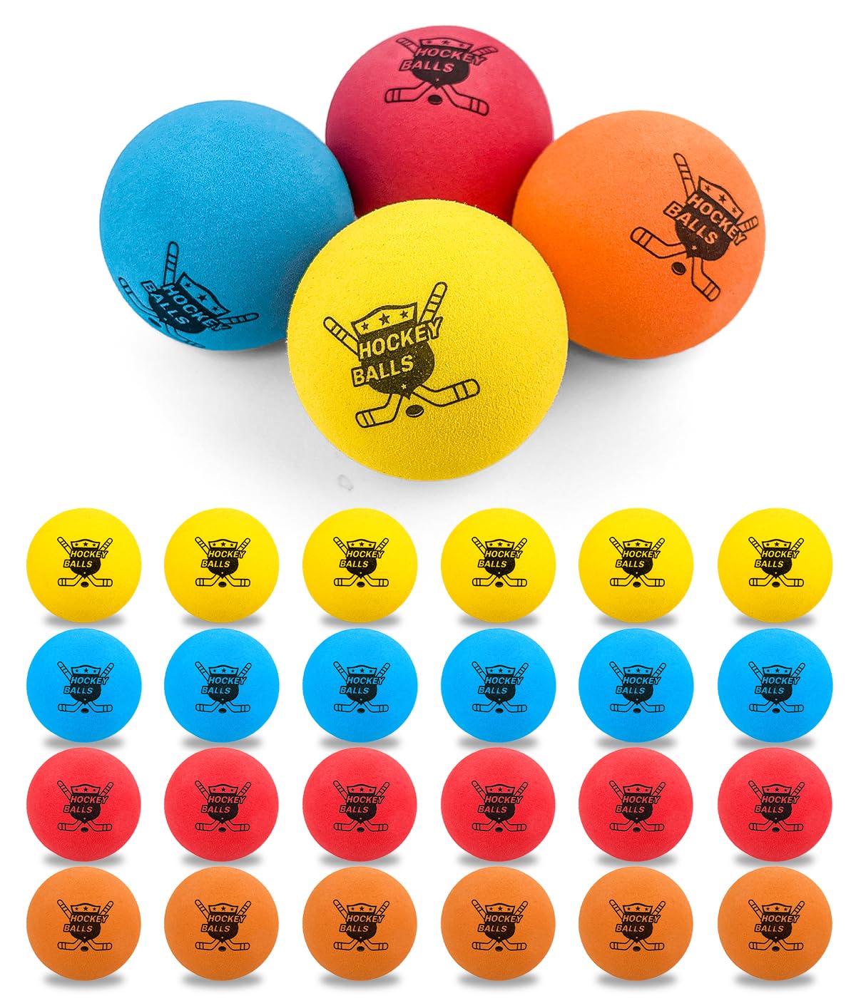 Pandahero 24-pack foam balls for indoor hockey, safe for floors and walls.