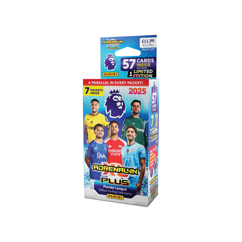 Panini Adrenalyn XL Plus 2025 packets on display, showcasing the new parallel cards and golden ballers.