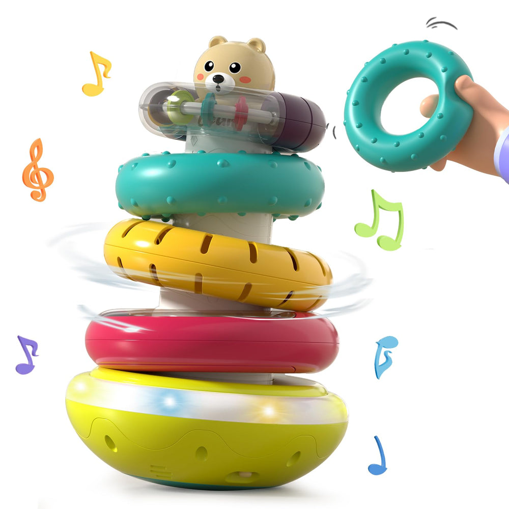 PANITU baby ring stacker lights top view highlights colorful rings for sensory play.