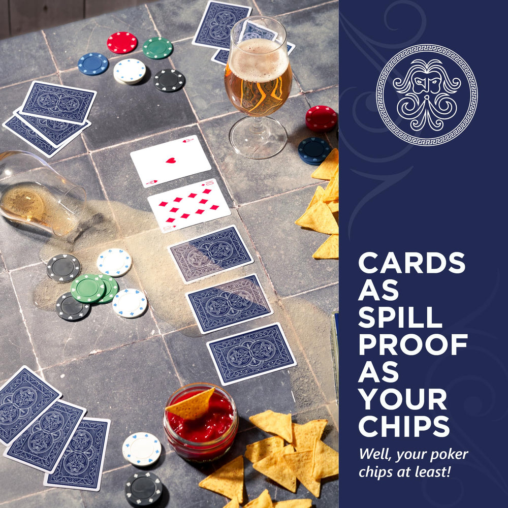 Pantheon Playing Cards durable PVC construction withstands bending and creasing during travel.
