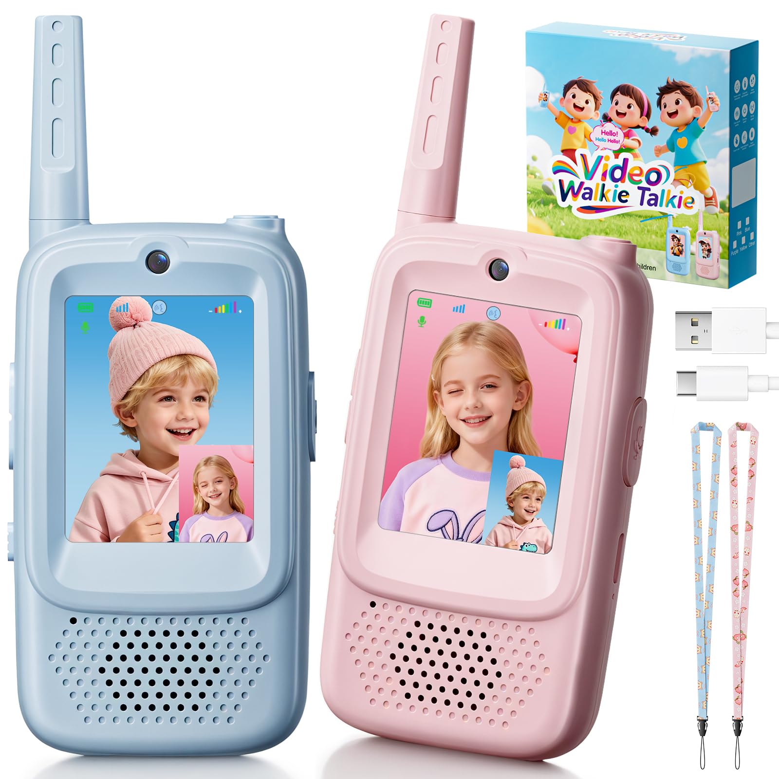 Paopaoyu video walkie talkies in blue and pink, front view for kids' adventures.