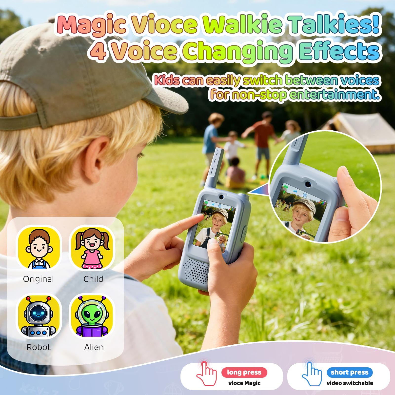 Paopaoyu video walkie talkies offer up to 1000 feet of range for coordinated outings.